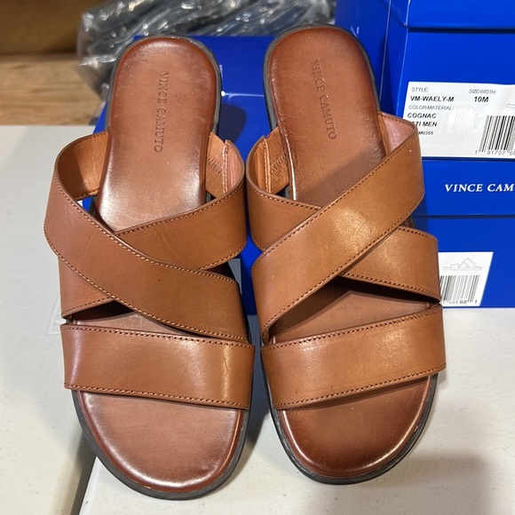 Vince Camuto Men’s COGNAC Waely Criss Cross Leather Upper Slide Sandal NEW NIB - Picture 16 of 16